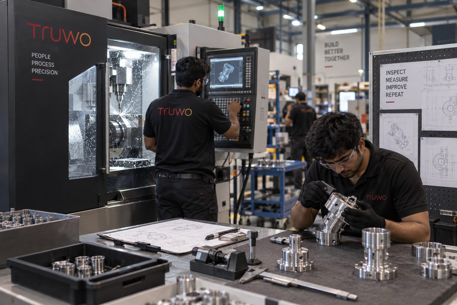 Machined parts being inspected beside a CNC machining centre