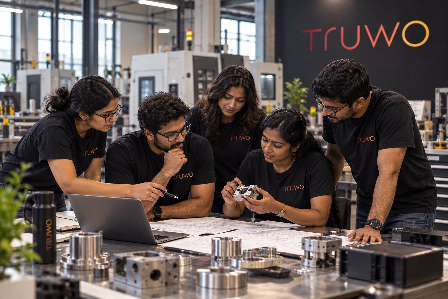 Truwo engineers reviewing a machined part and drawings at a workbench